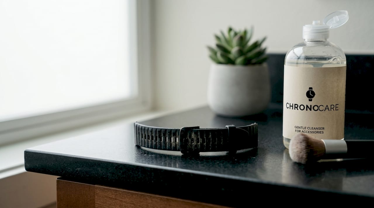 Close-up of dirty silicone watch band with grime