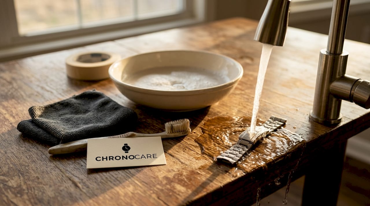Watch bracelet cleaning tools on kitchen counter