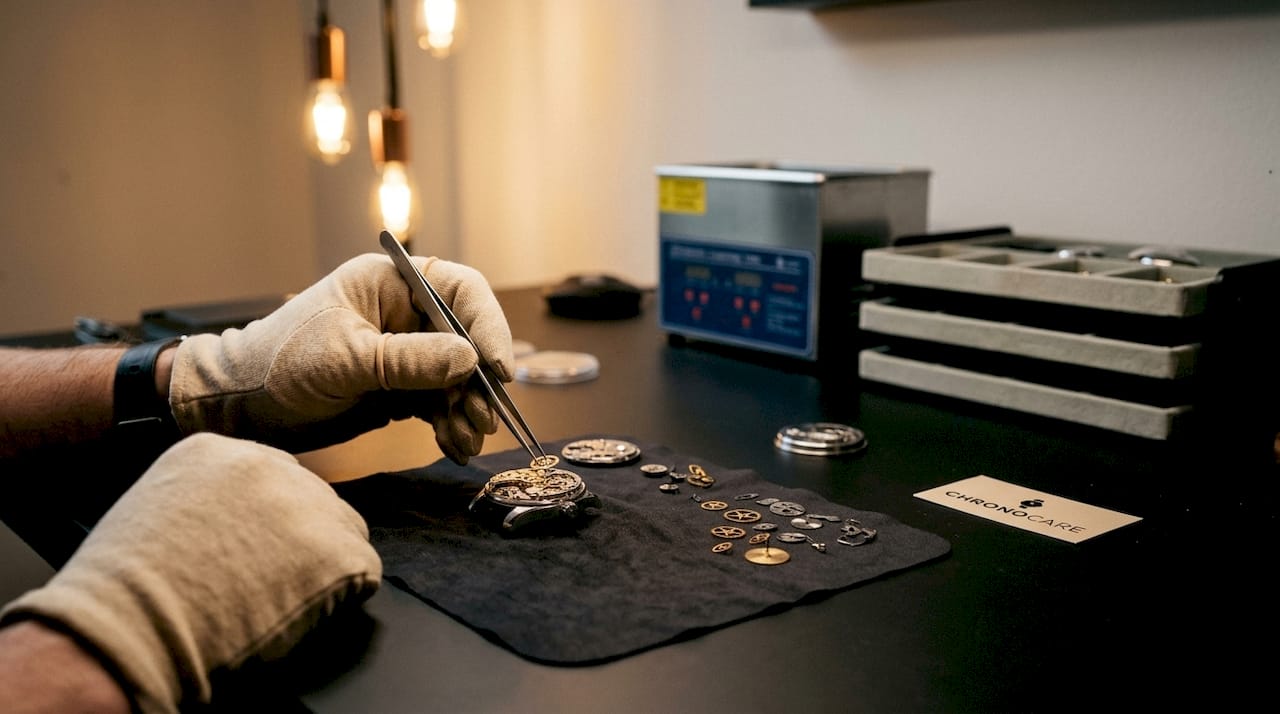 Watchmaker servicing watch movement