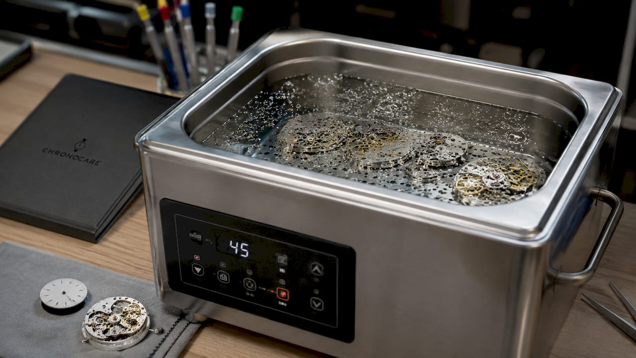 Close-up of ultrasonic cleaning tank with watch parts