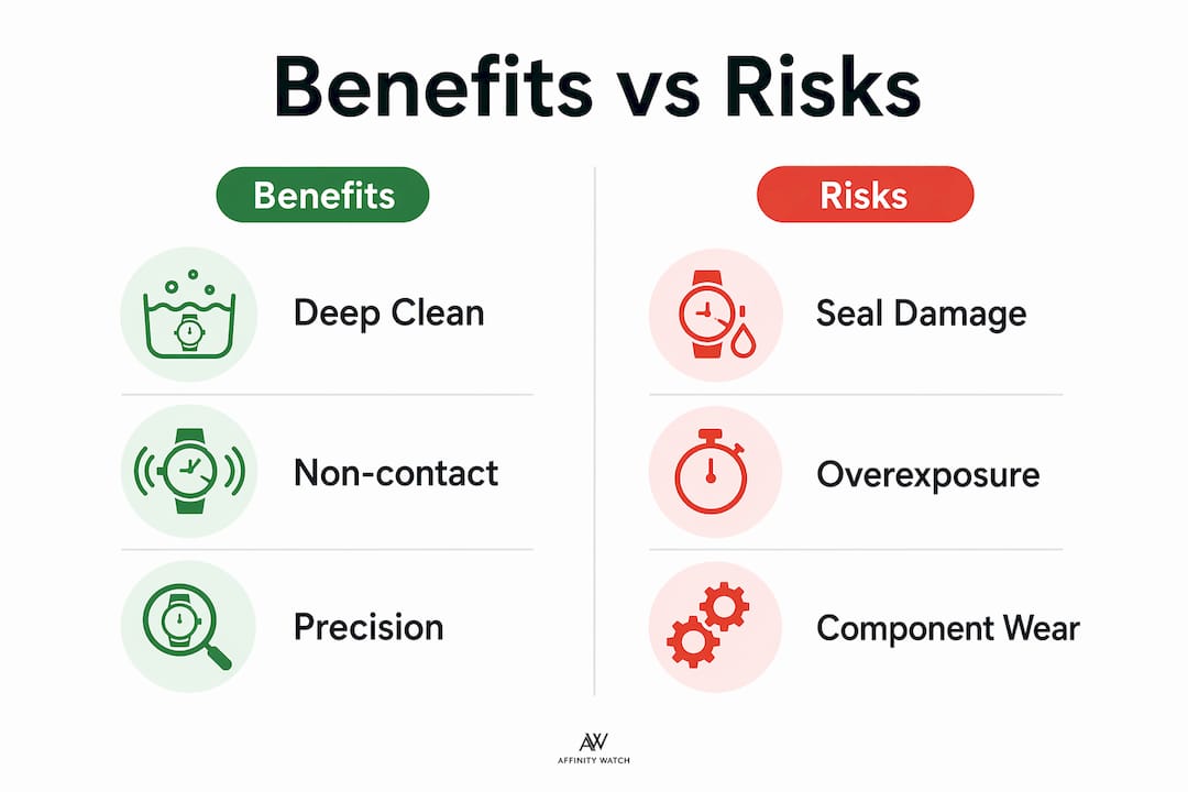 Infographic comparing benefits and risks of ultrasonic watch cleaning