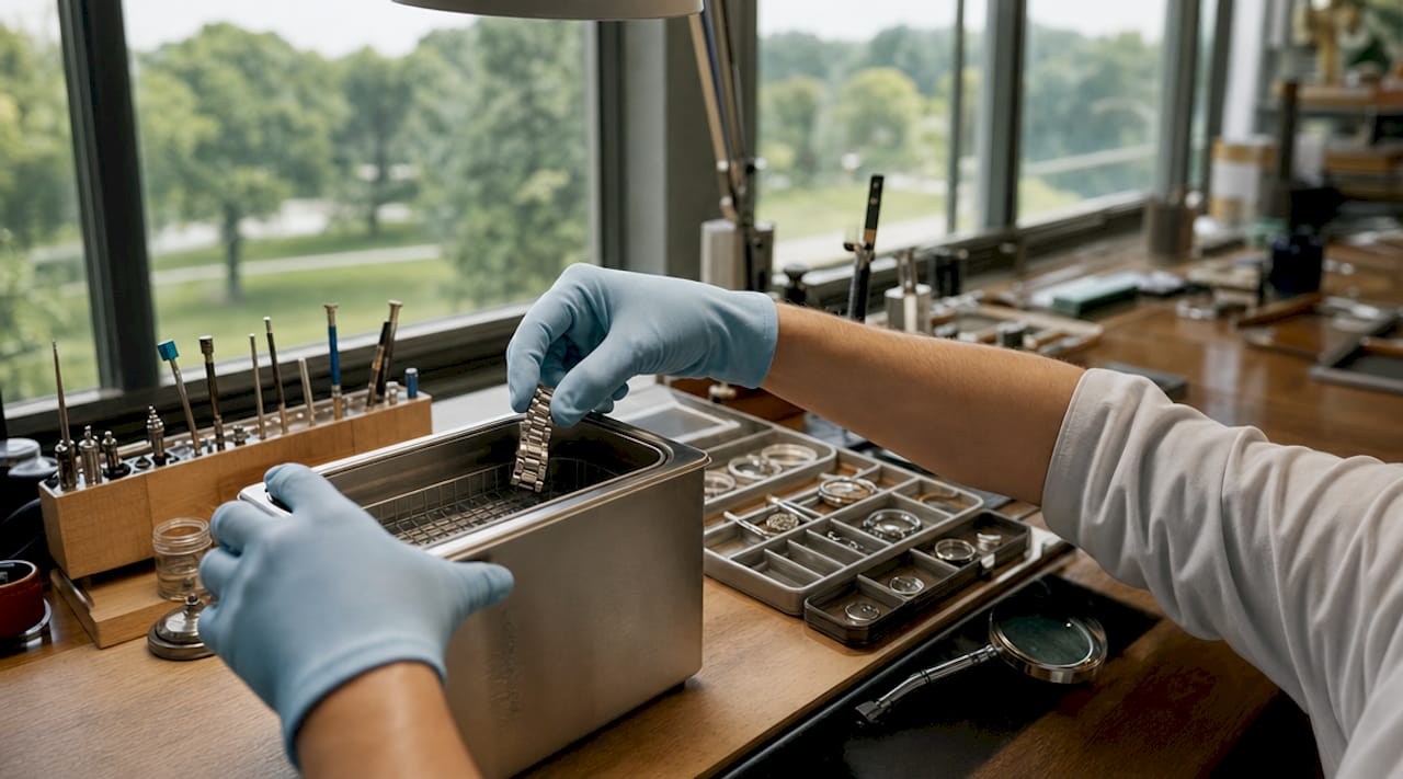 Hands placing watch bracelet parts into ultrasonic cleaner