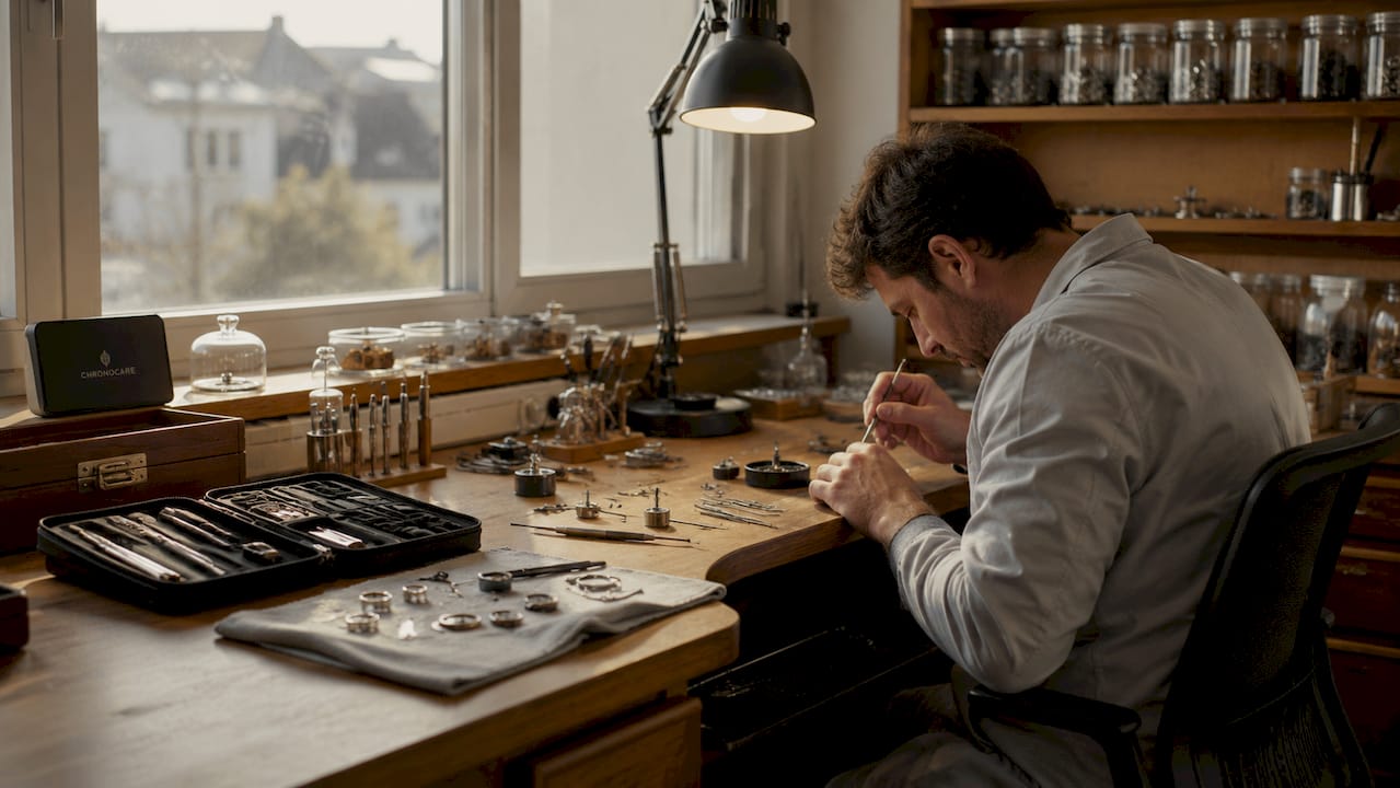 Close-up overhead view of watch strap repair tools on bench