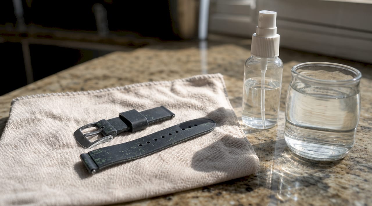 Rubber watch strap drying on microfiber cloth
