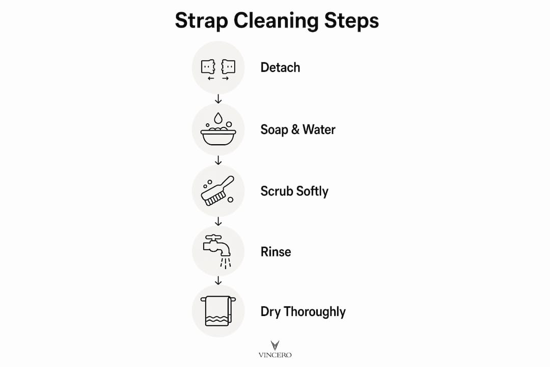Infographic showing steps to clean rubber watch strap