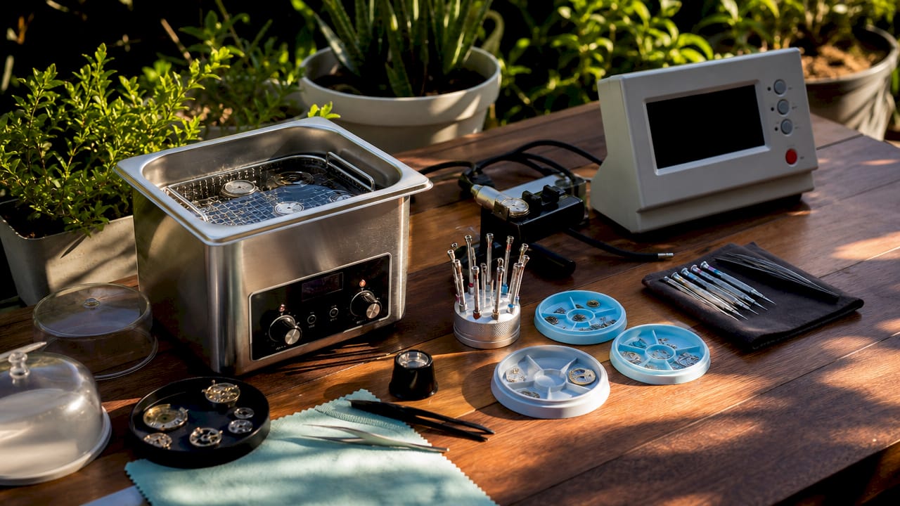 Professional watch detailing tools and equipment laid out