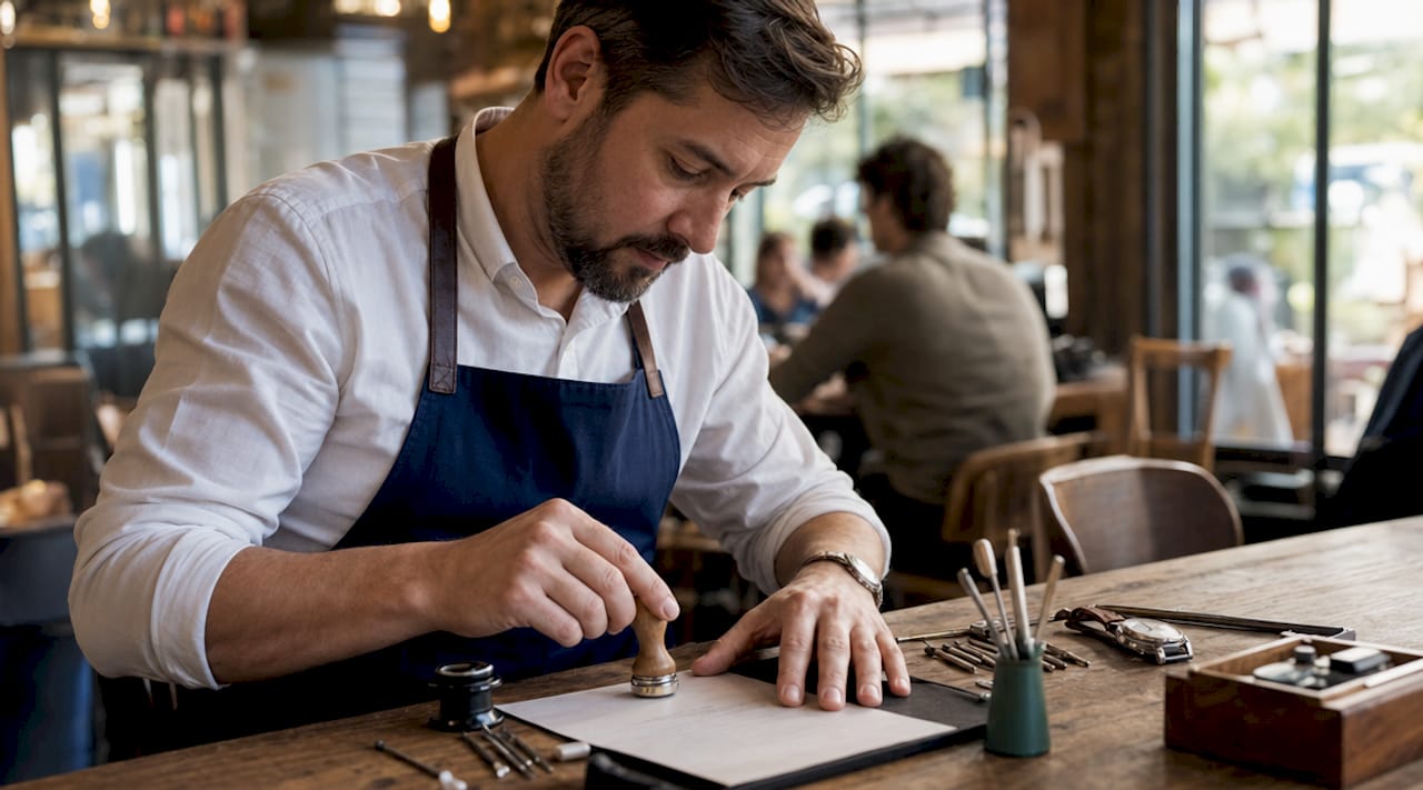 Watchmaker signing service document at workbench