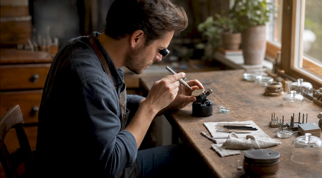Technician refinishing watch dial detail