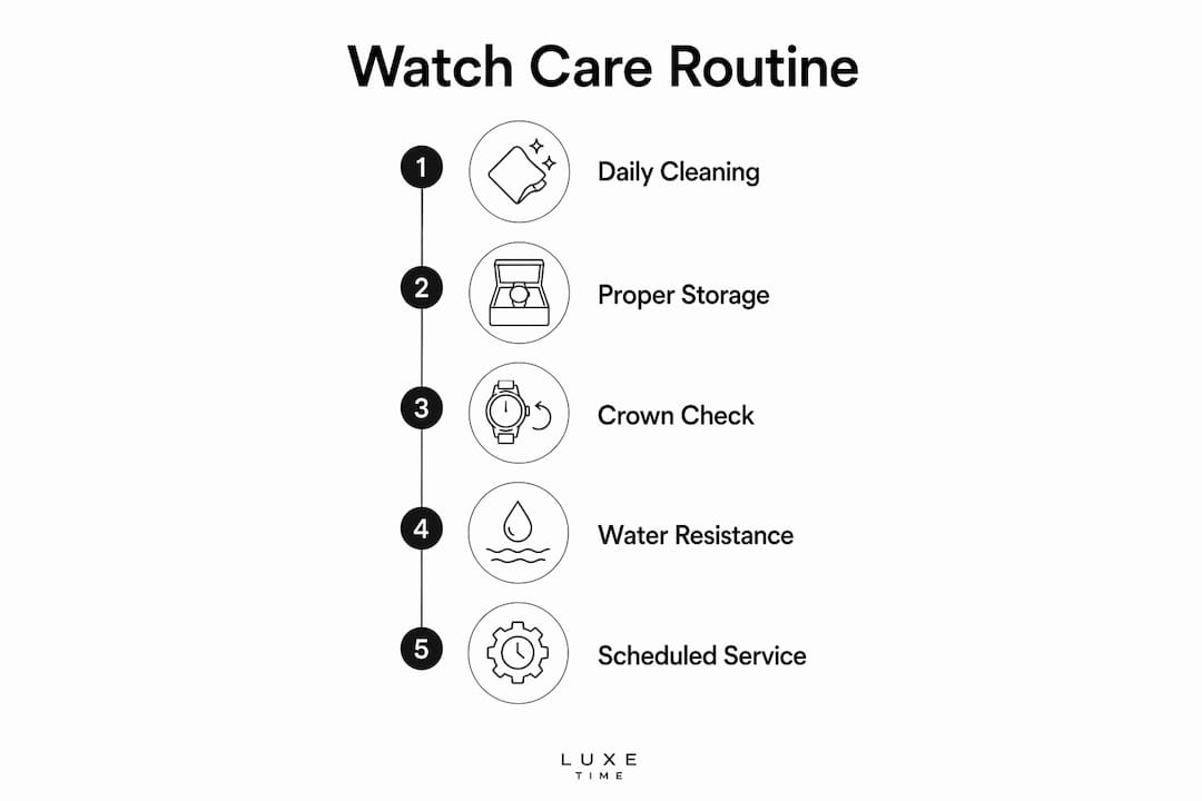 Infographic summarizing watch care routine steps