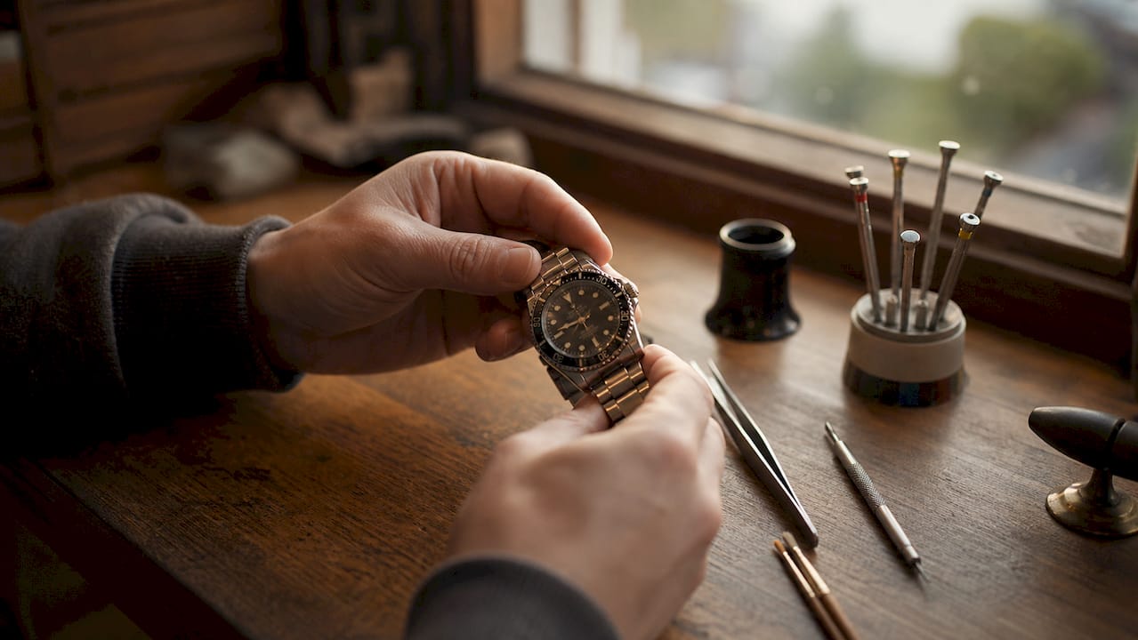Watchmaker hands inspecting Rolex Submariner