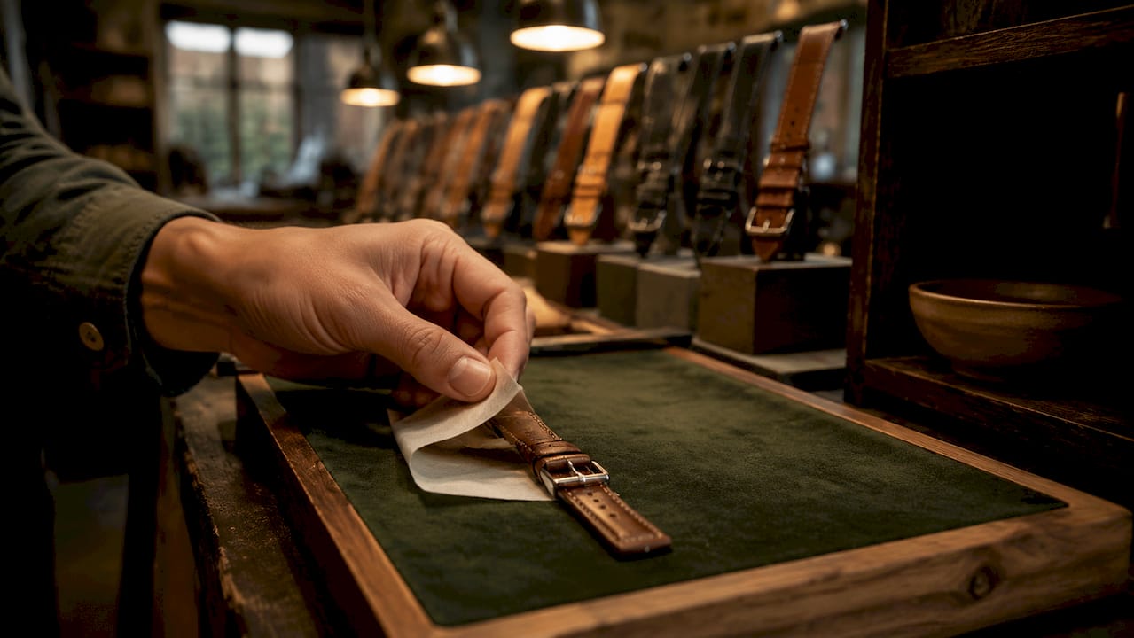 Hand stuffing leather strap with acid-free tissue on padded pillow