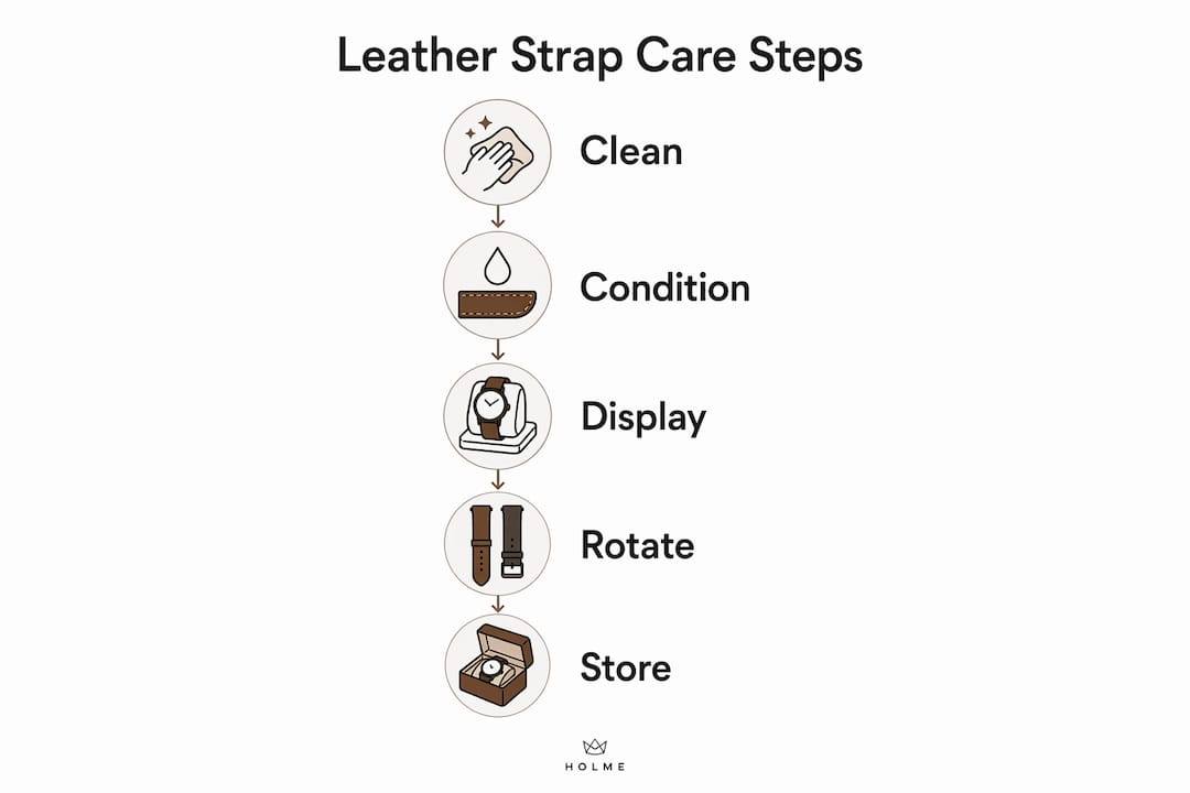Infographic illustrating five key steps for leather strap maintenance