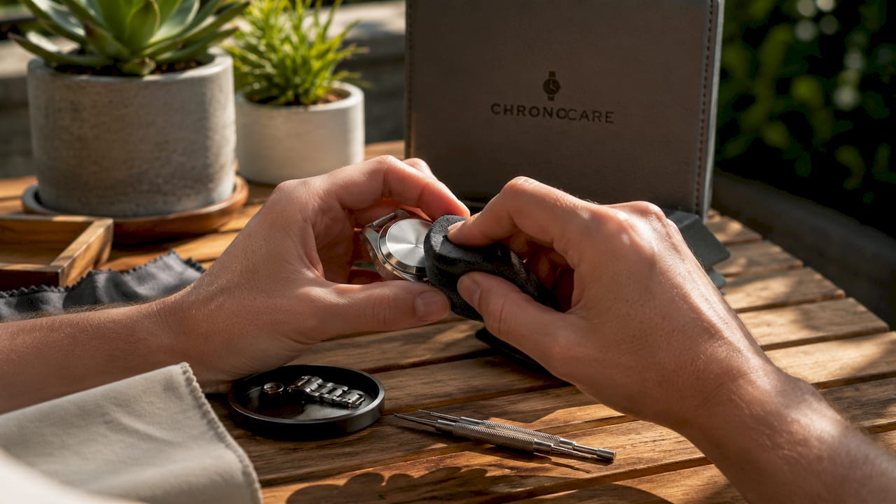 Close-up hands polishing watch with soft sponge