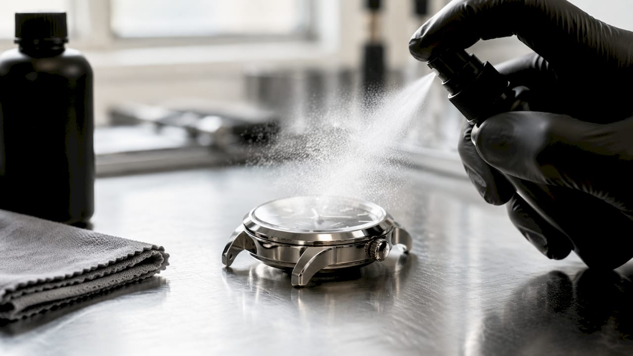 Close-up watch sprayed with protective coating layer