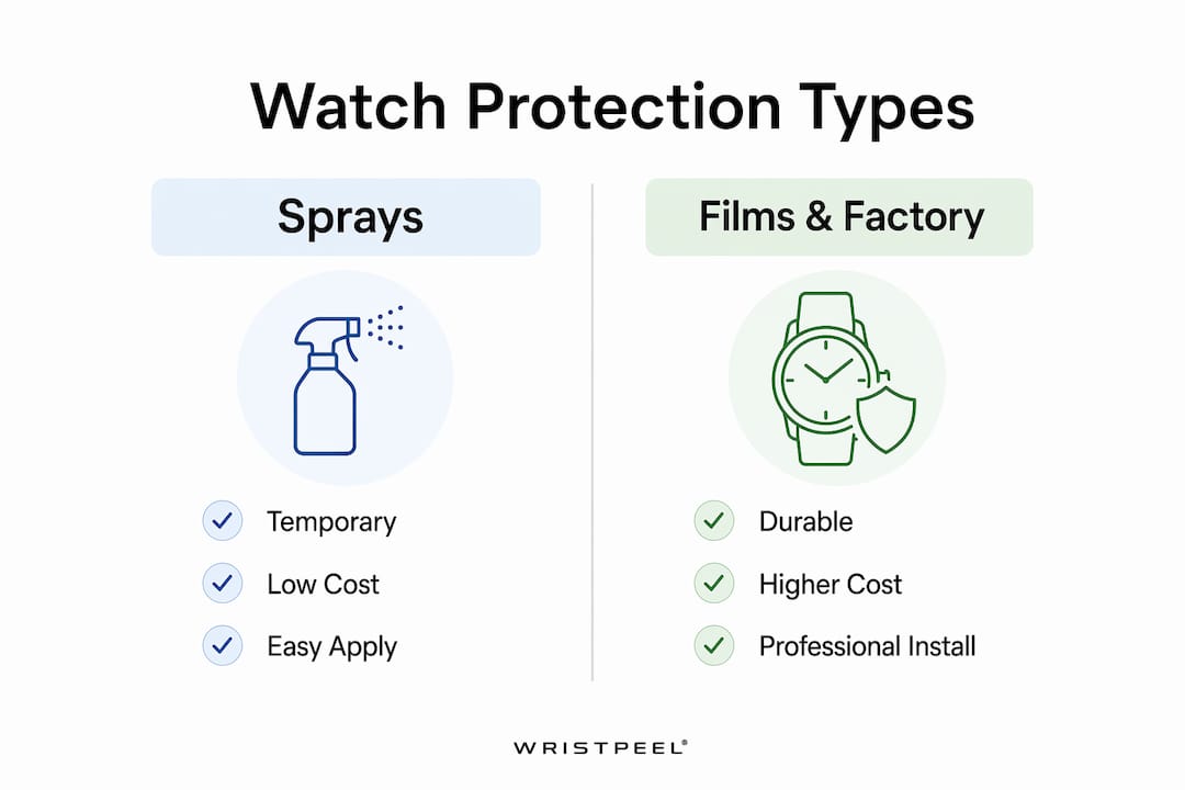 Infographic comparing watch protective sprays versus films and factory coatings