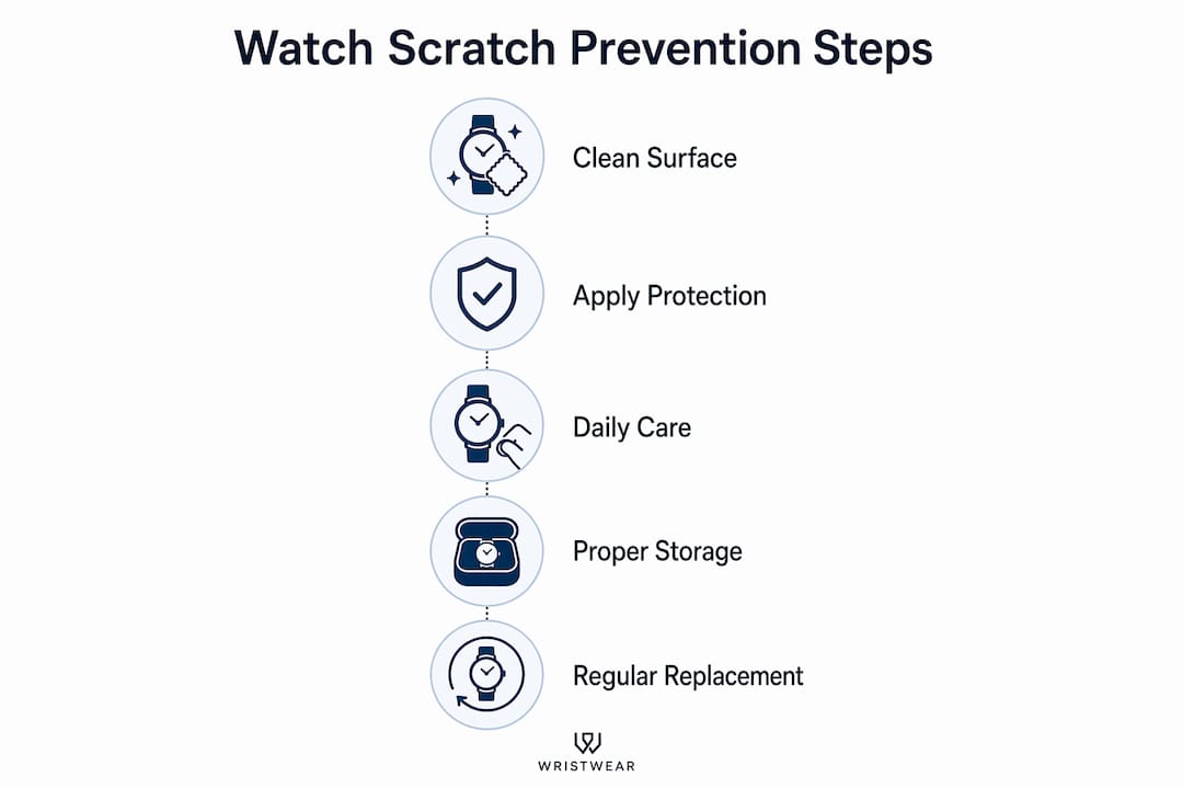 Infographic showing watch scratch prevention steps