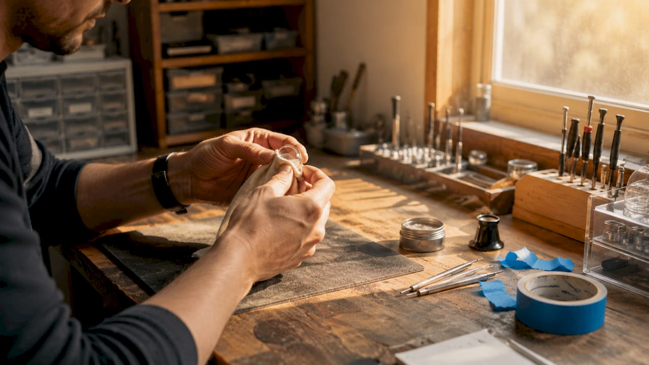 Hands applying polish to acrylic watch crystal with tape