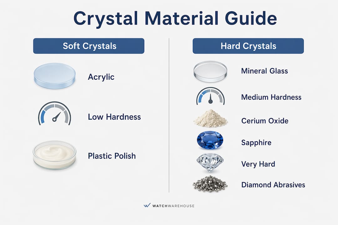 Infographic comparing watch crystal polishing materials and methods
