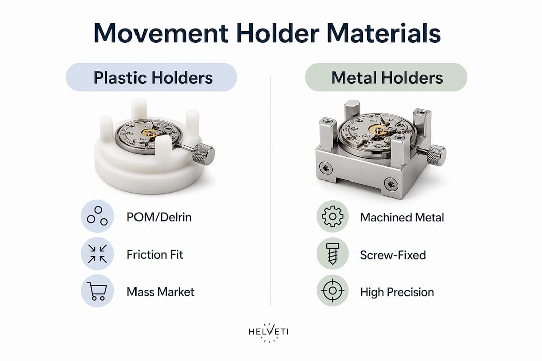 Infographic comparing plastic and metal watch movement holders