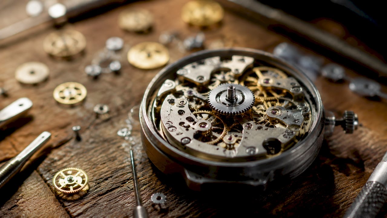 Close-up of watch canon pinion gear