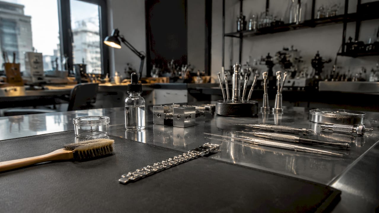 Close-up of watch bracelet with cleaning tools