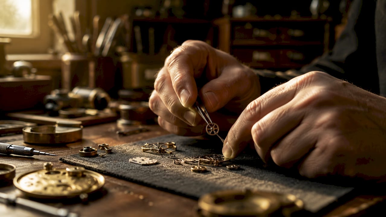 Close-up of watchmaker hands with gears