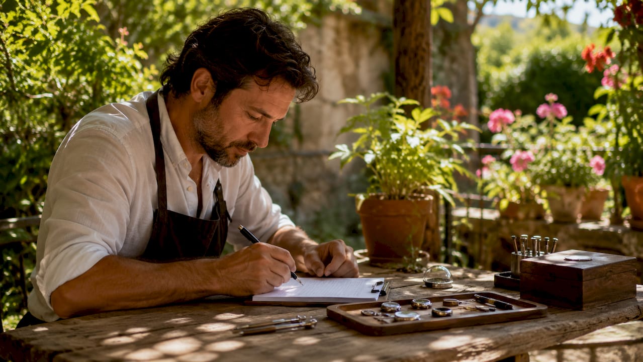 Watchmaker writing detailed service invoice
