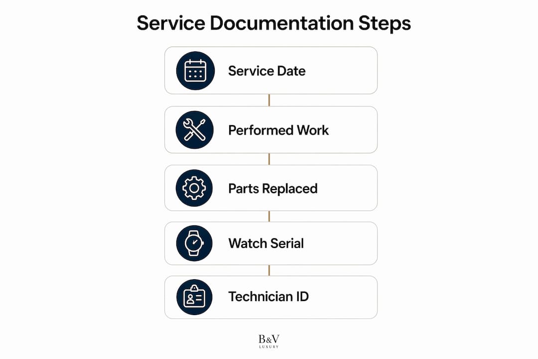 Infographic showing key steps in watch service documentation