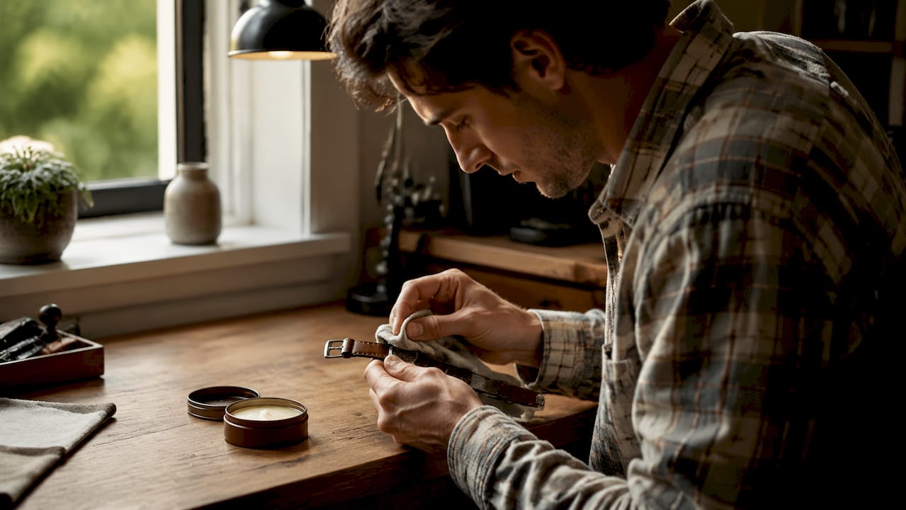 Person wiping leather watch strap indoors