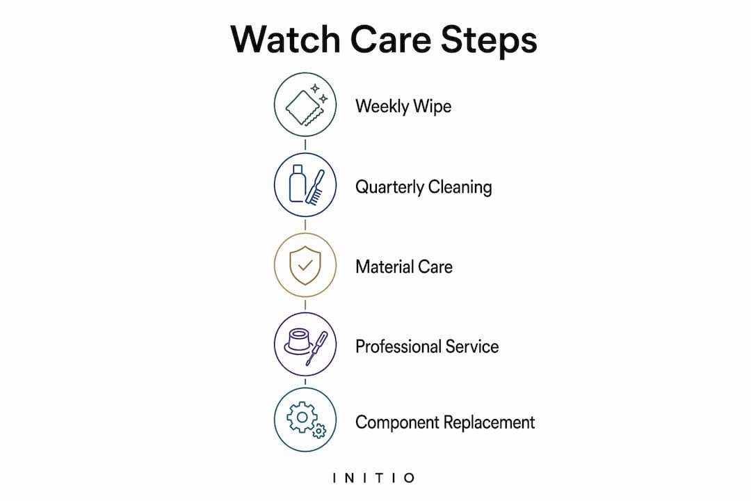 Infographic illustrating steps for watch care and maintenance
