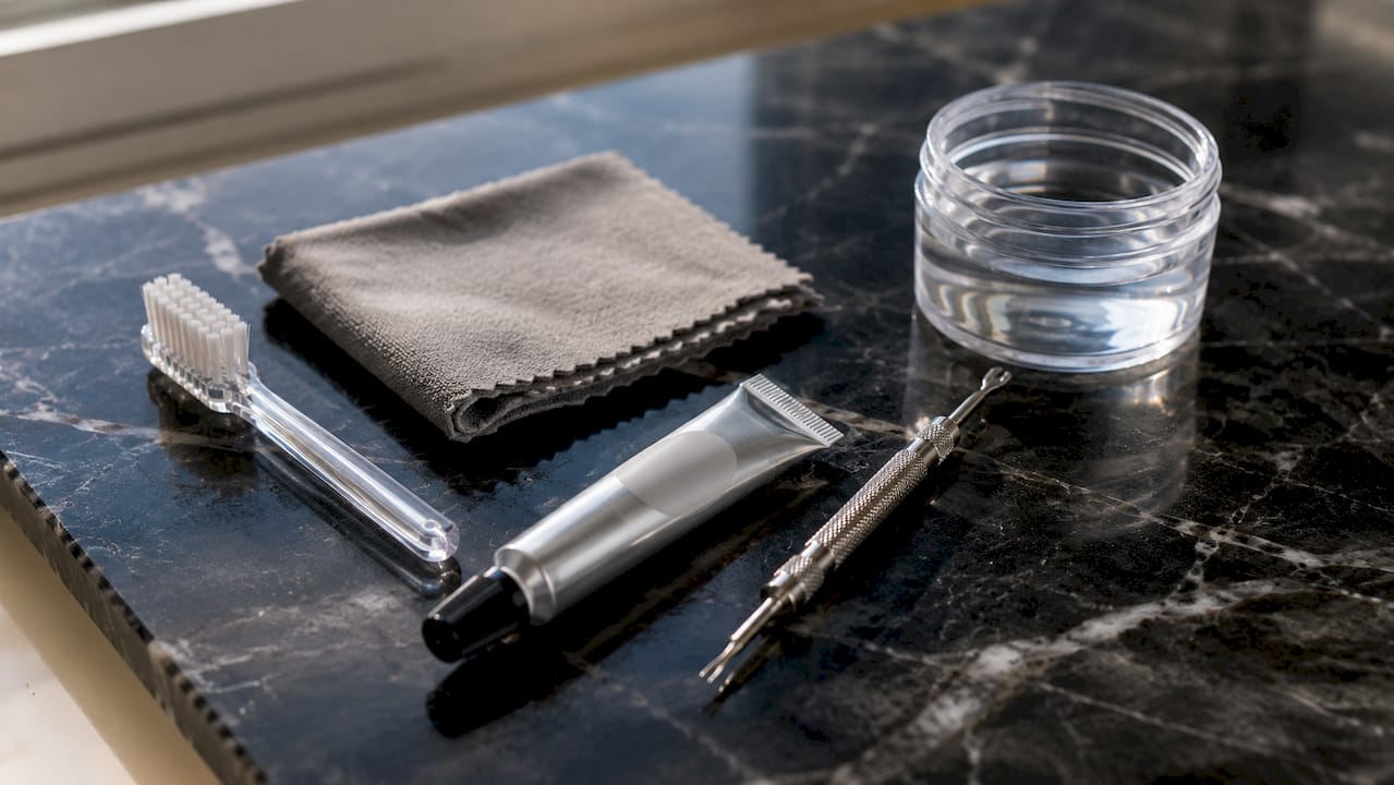 Watch cleaning kit items neatly arranged on table