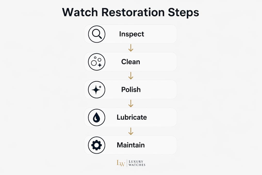 Infographic showing step-by-step watch restoration process