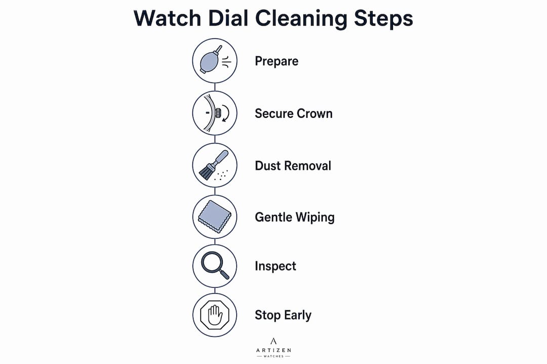 Infographic illustrating watch dial cleaning steps