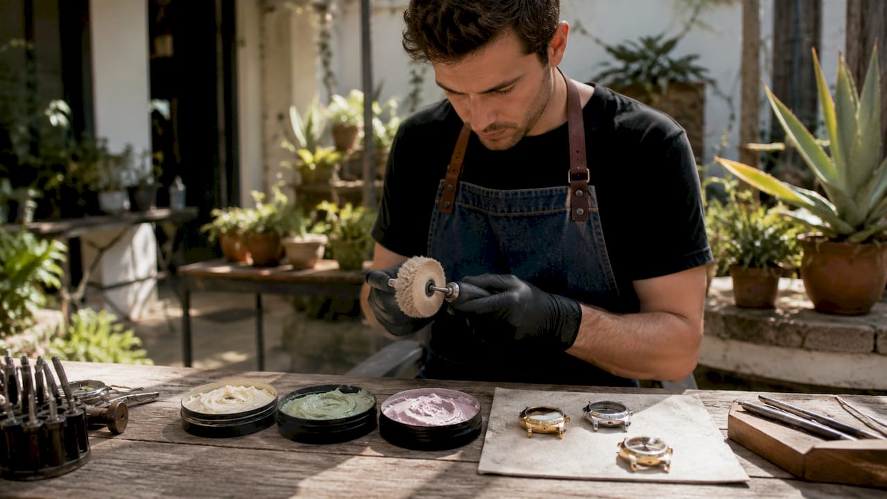 Hands applying watch polishing compounds