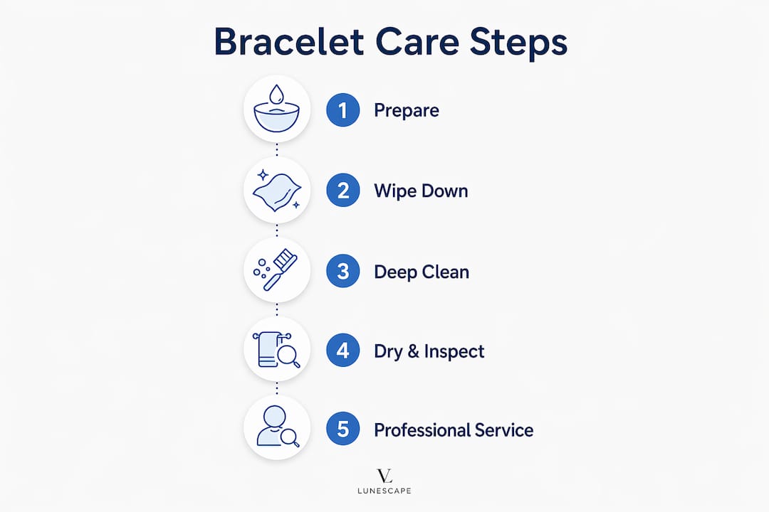 Infographic illustrating metal watch bracelet cleaning steps