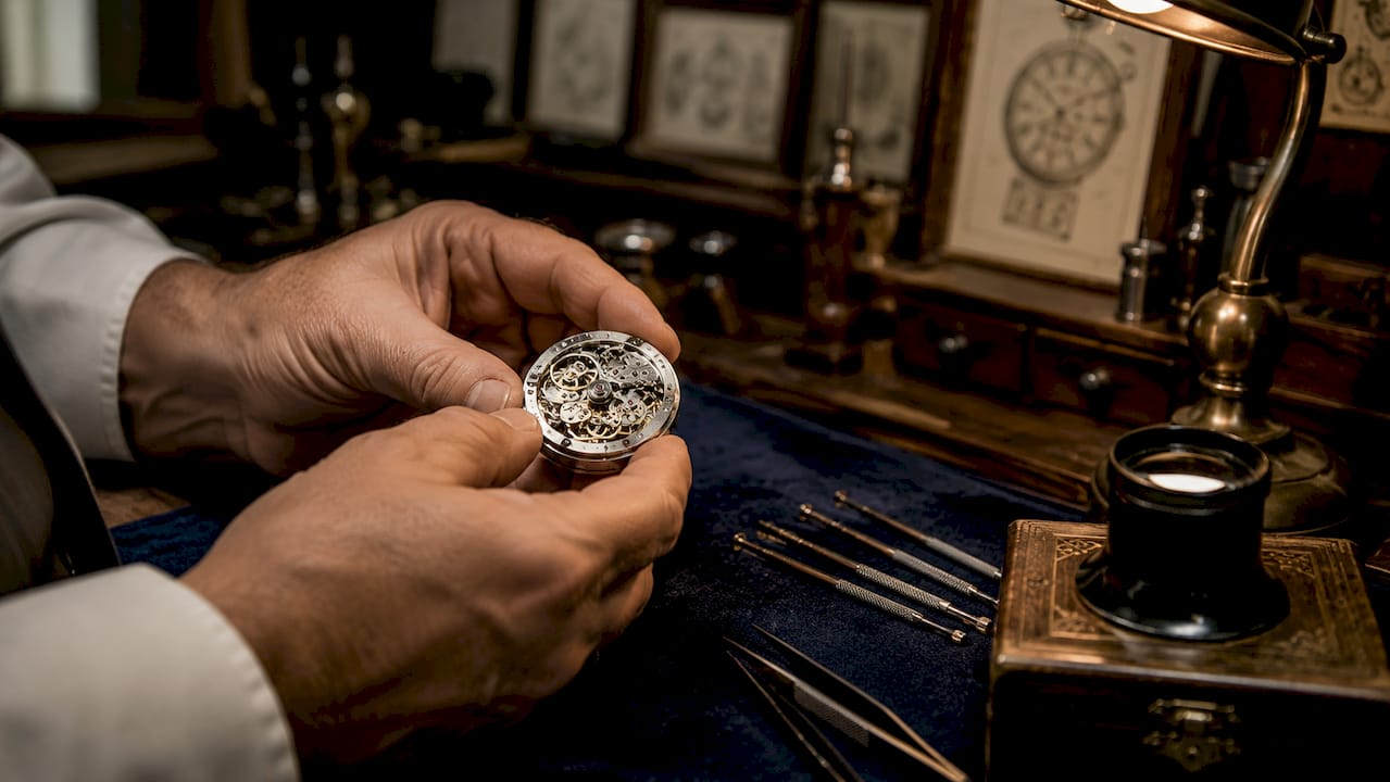 Close-up of hands working on mechanical watch movement