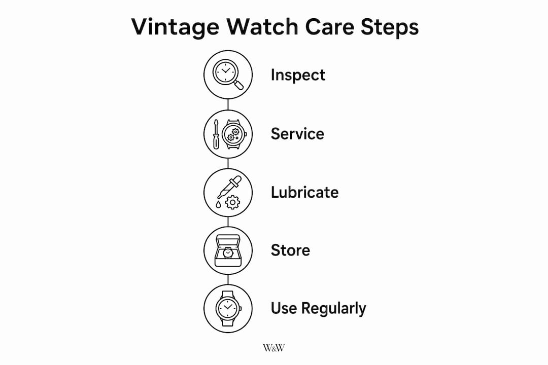 Infographic showing key steps for vintage watch care