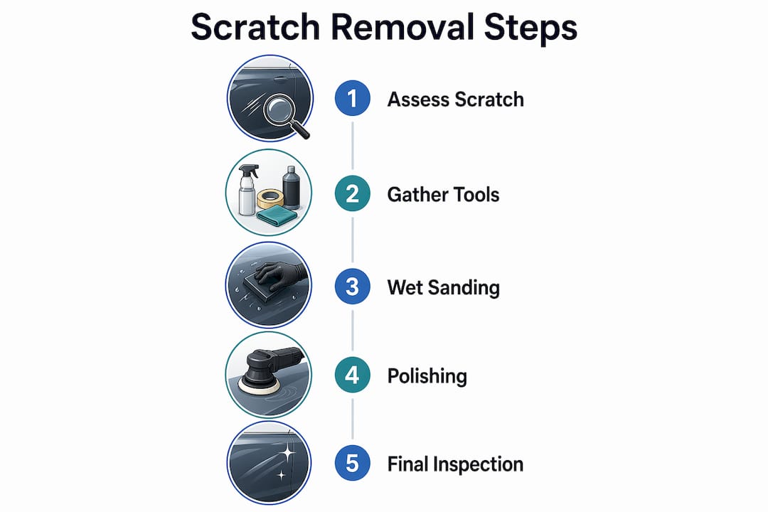Infographic illustrating steps to remove deep scratches from watch cases