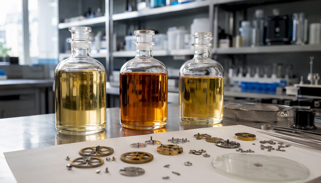 Laboratory bottles with alkaline degreasers and watch parts
