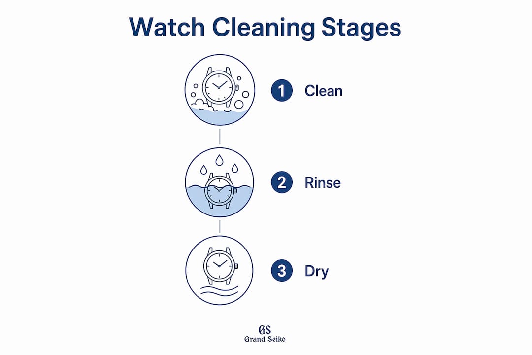 Infographic illustrating three main watch cleaning stages