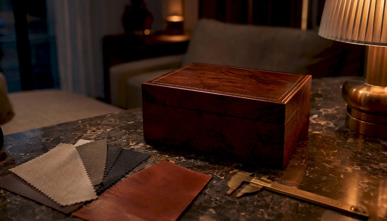 Close-up of premium materials on a watch box corner