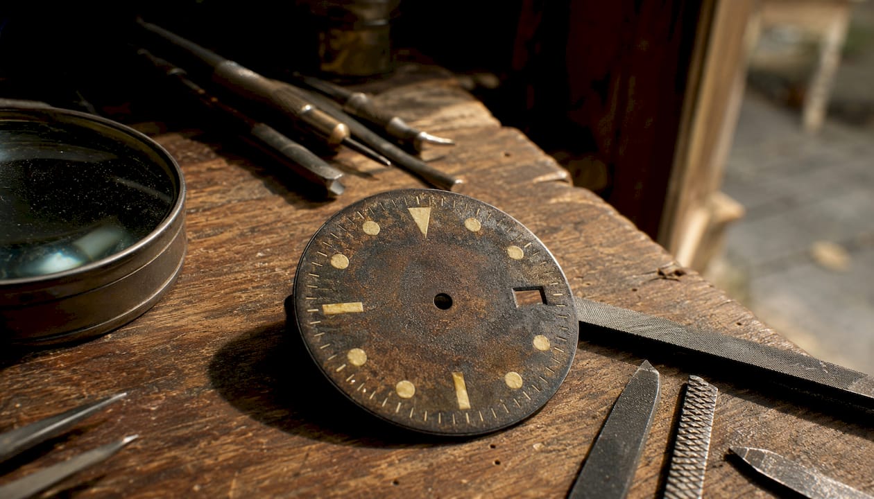Macro view of oxidized vintage watch dial patina