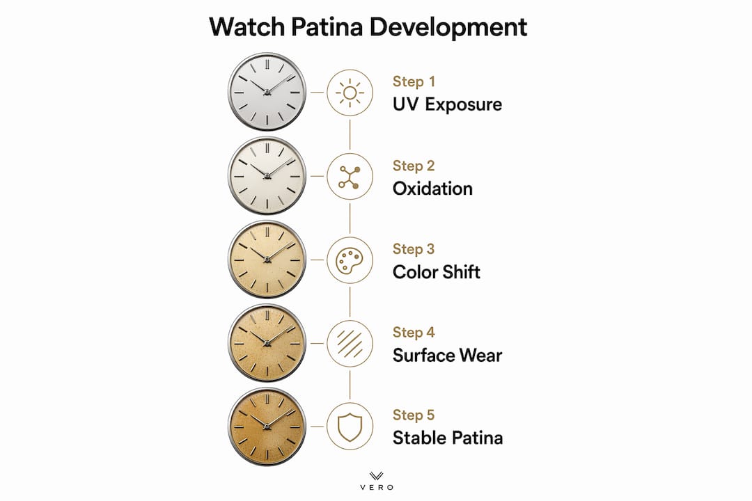 Infographic illustrating stages of watch patina development from UV exposure to stable patina