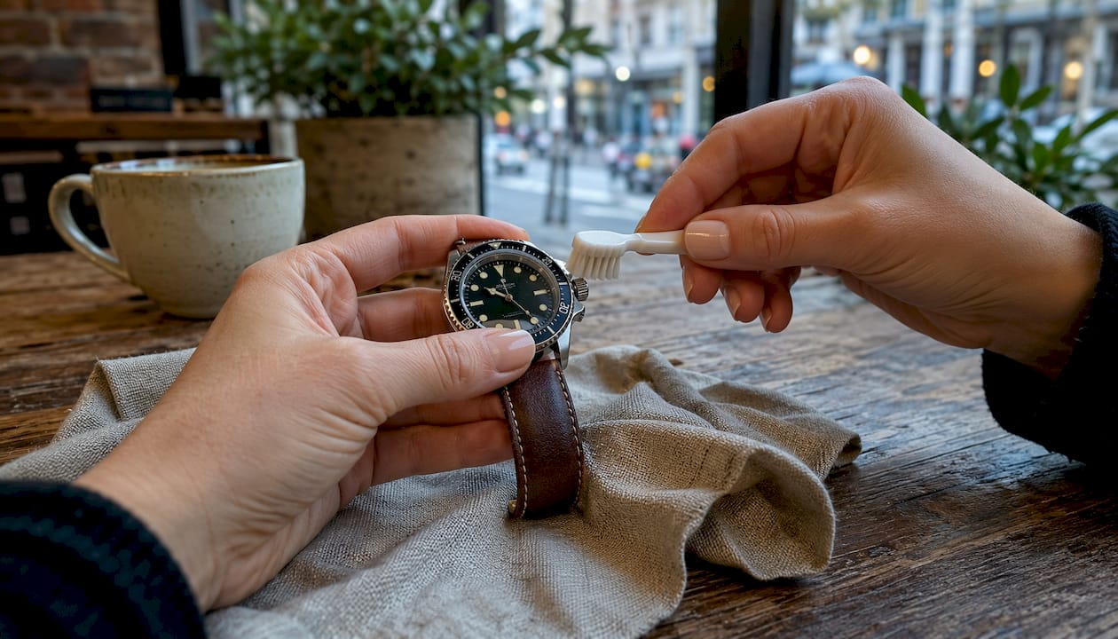 Hands brushing dirt off watch crown with toothbrush