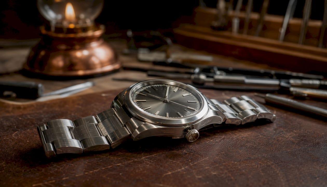 Close-up of watch lugs and bracelet details