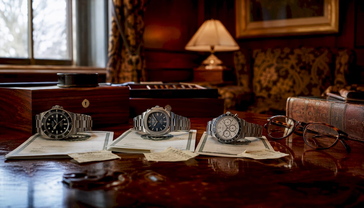 Three luxury watches with price tags on desk