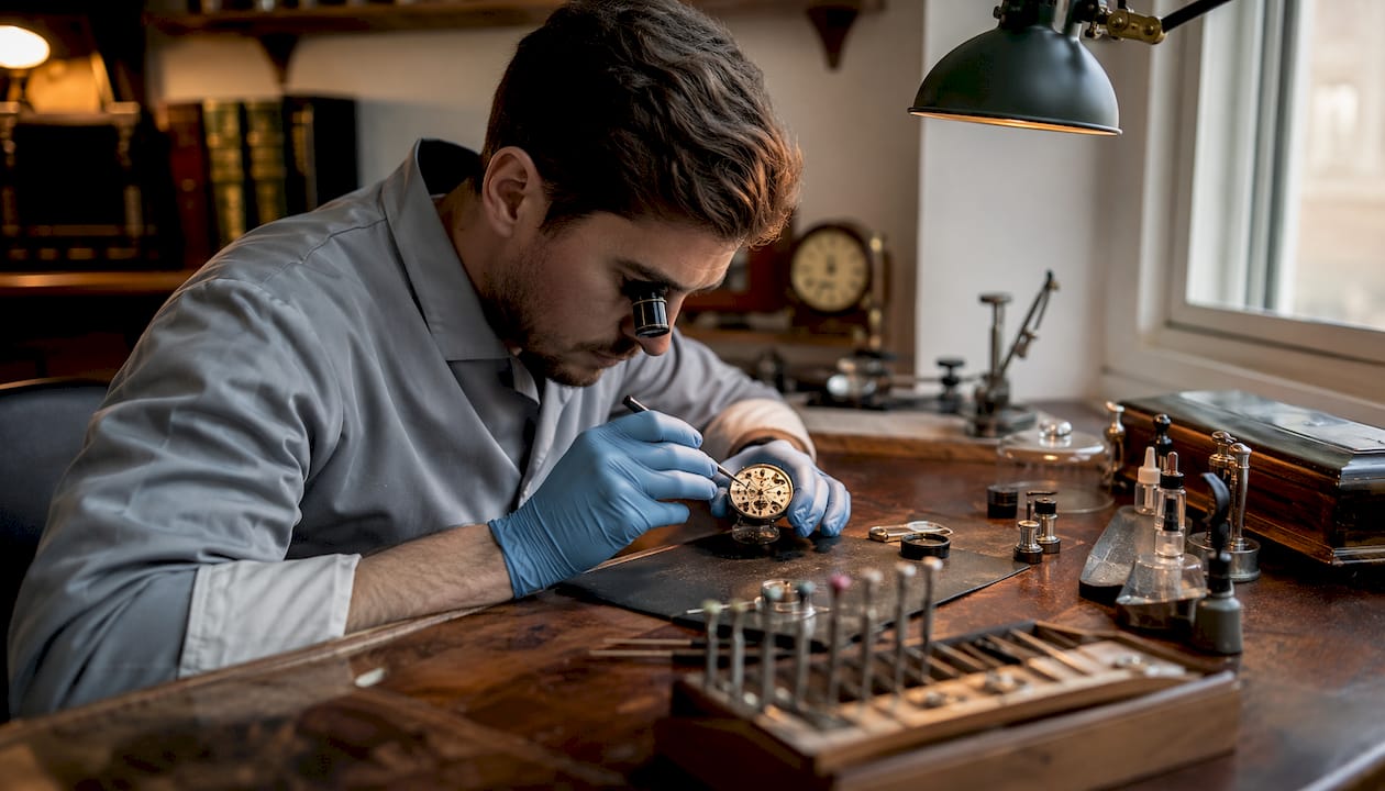 Watchmaker servicing automatic watch movement