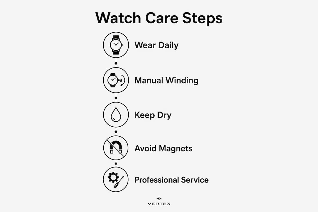 Infographic outlining automatic watch maintenance steps