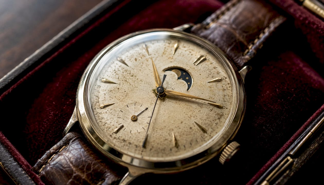 Close-up of antique luxury watch dial and hands