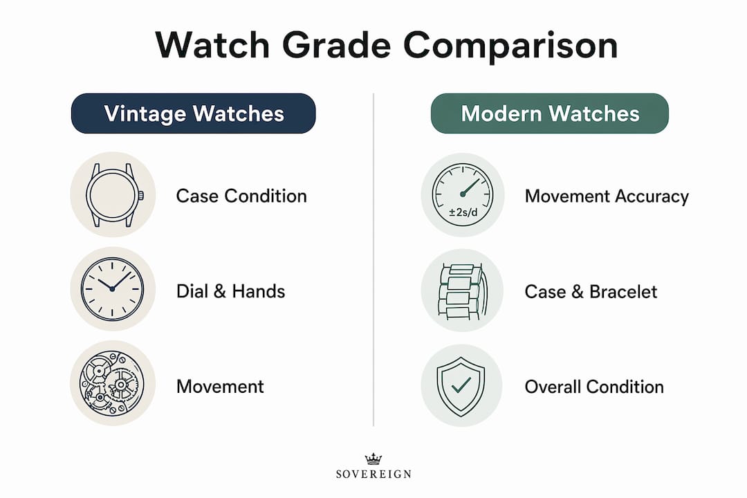 Infographic comparing vintage and modern watch grading criteria